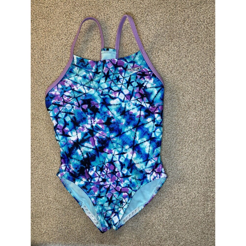 Speedo Girls One Piece Swimsuit XS Blue Purple Geometric Tie Dye Athletic